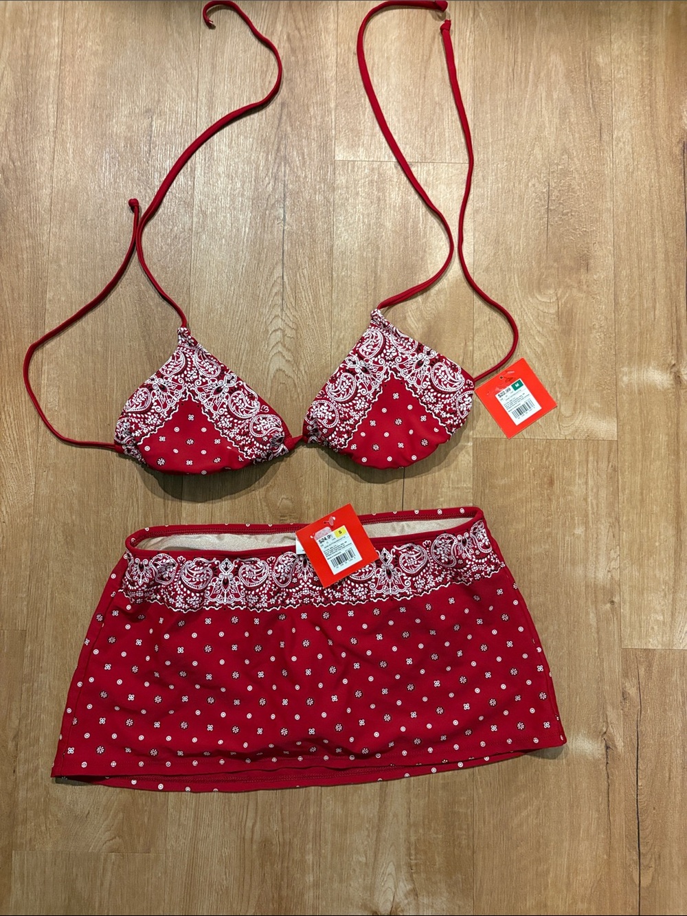 NWT Isaac Mizrahi Red Bandana-Print Bikini Top and skirt bottom